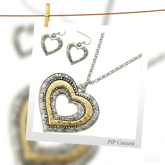 Two Tone Heart Necklace Set - Picture 2 of 6
